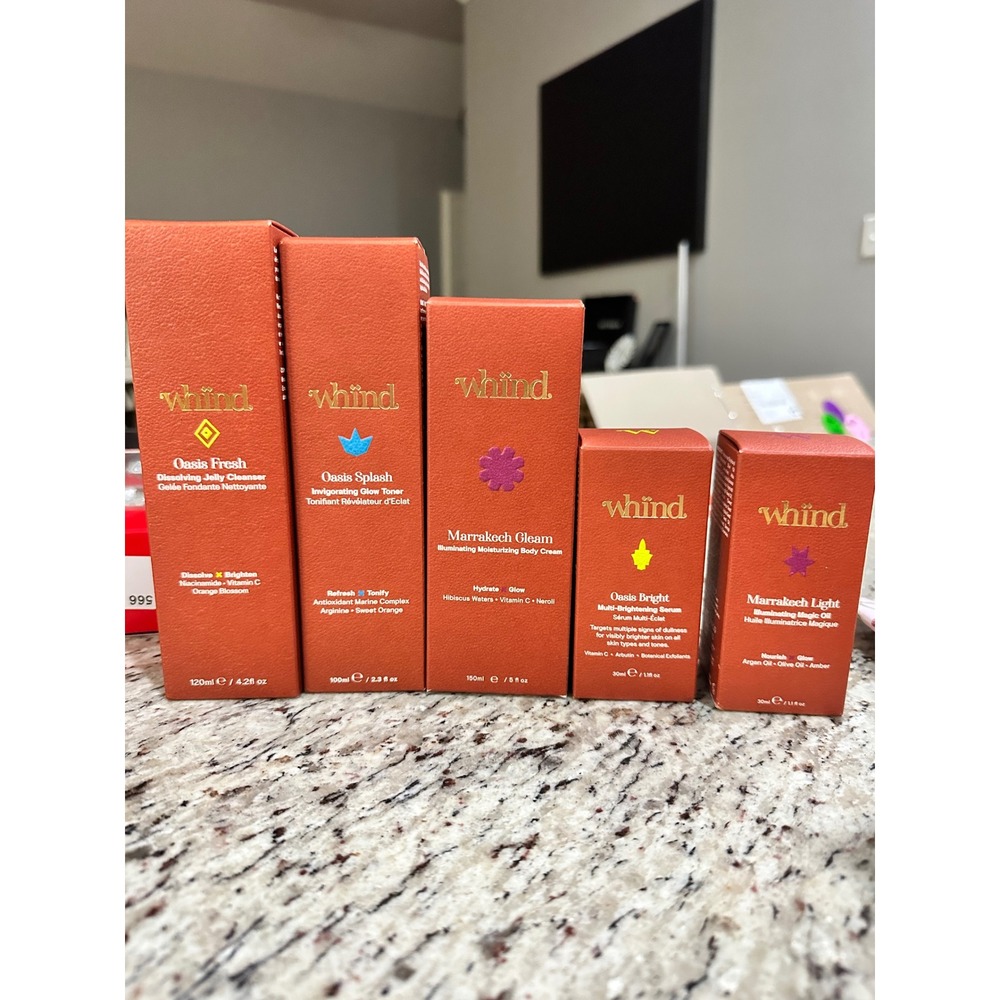 whind Skincare Set Cleanser‎ Toner Serum Magic Oil Body Cream 5 Piece NIB